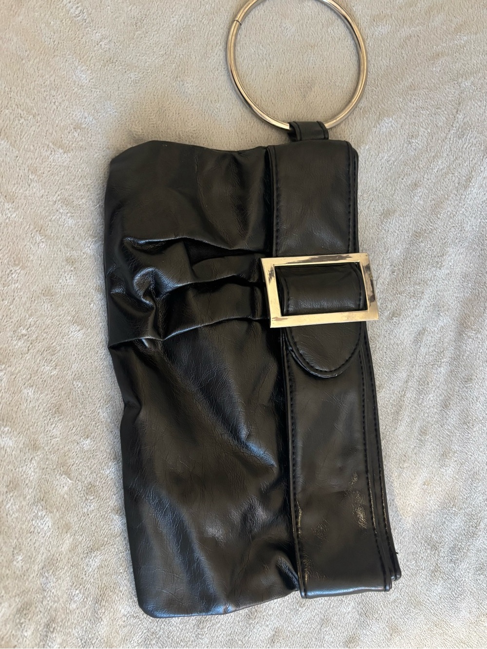 Black Leather Wristlet Clutch with Gold Ring